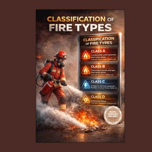 May include: A poster titled "Classification of Fire Types" with a firefighter extinguishing a fire. The poster details fire classifications: Class A (combustible solids), Class B (flammable liquids), Class C (electrical), and Class D (combustible metals).