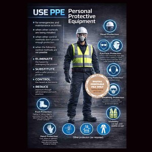 Può includere: Poster informativo sui Dispositivi di Protezione Individuale (DPI). Mostra un lavoratore con equipaggiamento protettivo, tra cui casco e giubbotto ad alta visibilità. Il poster elenca vari tipi di DPI, come protezione per la testa, occhi/viso e piedi, con i relativi rischi.