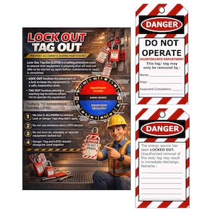 May include: Image of a safety poster and tags related to Lock Out Tag Out (LOTO) procedures. The poster includes text and diagrams explaining LOTO steps. Two red and white striped tags read "Danger Do Not Operate" with space for information. A cartoon worker points to a tag.