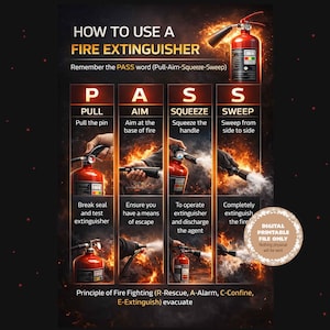 Puede incluir: Un archivo digital imprimible que ilustra cómo usar un extintor de incendios. El póster utiliza el método PASS: Tirar, Apuntar, Apretar, Barrer. Incluye imágenes y texto. El extintor es rojo.