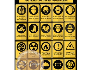 May include: A yellow and black safety sign poster with a grid of 20 safety symbols and text. The text reads "SAFETY SIGN" and "READ THE SIGN & PAY ATTENTION TO SAFETY WARNING". The symbols include a high visibility jacket, safety helmet, dust mask, safety goggles, ear protection, respirator, safety footwear, safety gloves, welding mask, apron, no smoking, caution radiation area, caution risk of fire, attention danger area, danger high voltage, respirator mask, ear protection, safety helmet, safety goggles, and lab coat.
