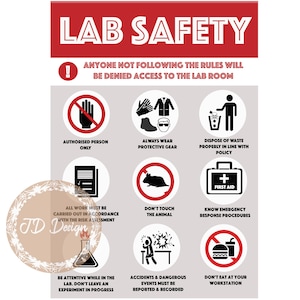 May include: A red and white poster with the text "Lab Safety" in large black letters. The poster lists safety rules for a laboratory, including wearing protective gear, disposing of waste properly, and knowing emergency procedures. The poster also includes illustrations of a hand, a person wearing a lab coat, a trash can, a document, a hamster, a first aid kit, a beaker, a person with a spark, and a hamburger.