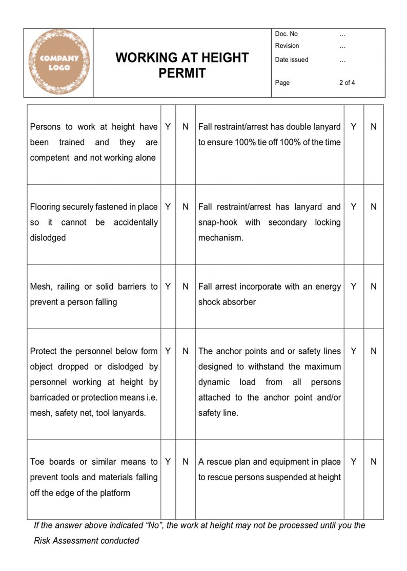 Working at Height Permit permit workingatheightpermit hseform Etsy