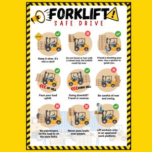 Könnte beinhalten: Ein gelber Gabelstapler-Sicherheitsposter mit Illustrationen und Text. Das Poster zeigt verschiedene Szenarien und gibt Sicherheitstipps für den Betrieb eines Gabelstaplers. Der Text enthält Sätze wie "Langsam fahren", "Nicht mit einer angehobenen Last fahren oder drehen", "Mit der Last bergauf fahren", "Bergabfahrt? Rückwärts fahren", "Vorsicht beim Schwingen des Heckendes", "Keine Passagiere auf der Last oder auf den nackten Gabeln", "Nie Lasten über Personen fahren", und "Hubwagenbediener nur auf einer genehmigten Arbeitsplattform einsetzen."