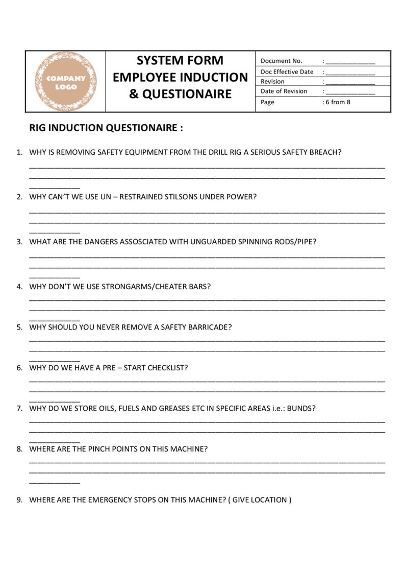 Employee Induction and Questionnaire, Safety Report safetyinduction