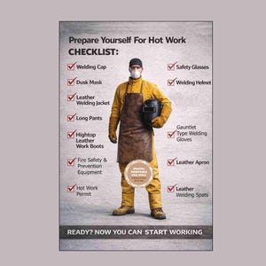 May include: A poster with a checklist for hot work safety. It features a person wearing welding gear, including a welding cap, mask, jacket, apron, gloves, and boots. The text reads "Prepare Yourself For Hot Work" and "READY? NOW YOU CAN START WORKING."