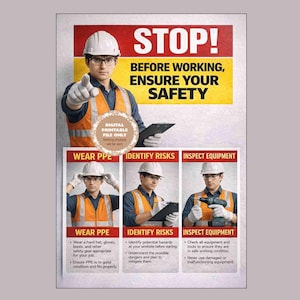 May include: A safety poster with the text "STOP! Before Working, Ensure Your Safety." The poster features a man in safety gear pointing forward, with additional panels detailing PPE, risk identification, and equipment inspection.