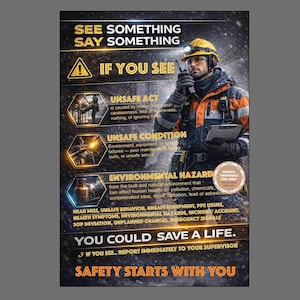 May include: A safety poster with the text "See Something, Say Something." It features an illustration of a worker in safety gear, and lists unsafe acts, conditions, and environmental hazards. The poster includes the text "You Could Save a Life."