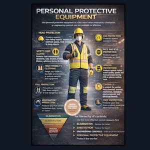 Op de afbeelding: Een poster getiteld "PERSOONLIJKE BESCHERMINGSUITRUSTING" toont een werknemer in veiligheidskleding. De poster beschrijft hoofd-, oor-, gezichts-, hand- en voetbescherming, goed zichtbare kleding, valbeveiliging, ademhalingsbescherming, schorten en overalls. De hiërarchie van de controles staat er ook op.