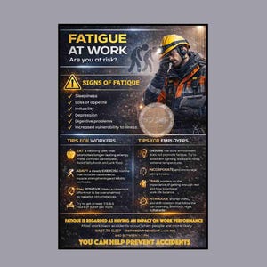 Może przedstawiać: Plakat zatytułowany "FATIGUE AT WORK" z ilustracją pracownika. Zawiera objawy zmęczenia i porady dla pracowników i pracodawców. Plakat zawiera również tekst "YOU CAN HELP PREVENT ACCIDENTS."