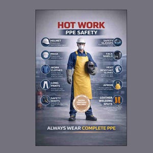 Op de afbeelding: Poster over veiligheid bij heet werk met PBM. De afbeelding toont een werknemer in beschermende kleding, waaronder een helm, masker en schort. Tekst benadrukt veiligheidsbril, gelaatsscherm, hittebestendige handschoenen en leren laskappen. De tekst luidt: "DRAAG ALTIJD VOLLEDIGE PBM".