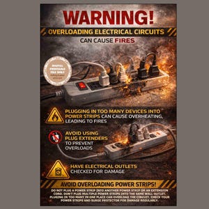 May include: A safety poster warning about electrical hazards. The poster's text reads "WARNING! OVERLOADING ELECTRICAL CIRCUITS CAN CAUSE FIRES." It also advises against overloading power strips and using plug extenders. The poster is a digital printable file.