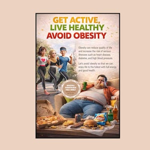 May include: A digital poster with the text "GET ACTIVE, LIVE HEALTHY, AVOID OBESITY." The image contrasts active people running with a person eating junk food. The poster promotes a healthy lifestyle to avoid obesity.
