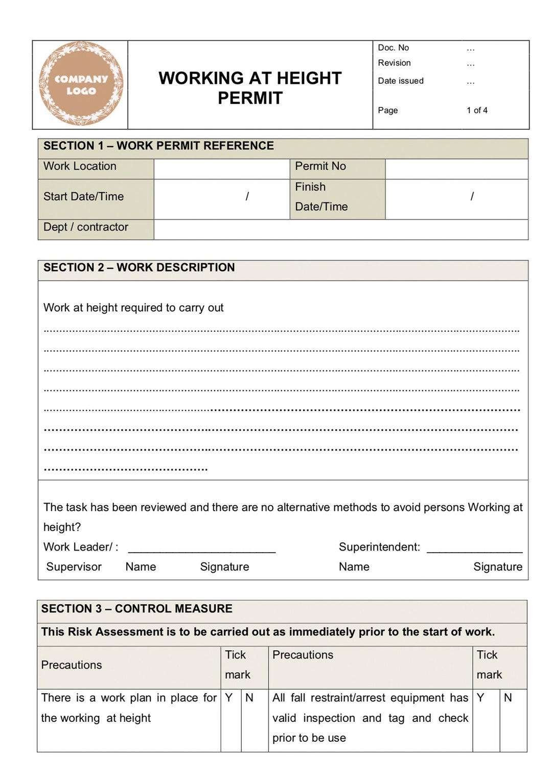 Working at Height Permit permit workingatheightpermit hseform Etsy