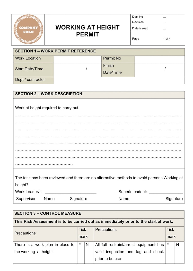 Working at Height Permit permit workingatheightpermit hseform Etsy