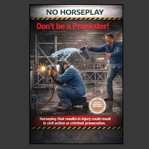 Può includere: Un poster sulla sicurezza con il testo "NO HORSEPLAY" e "Don't be a Prankster!". Raffigura un operaio edile che viene schizzato con acqua mentre salda. Il testo in basso avverte delle conseguenze legali degli scherzi.