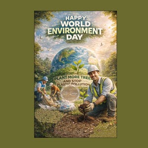 May include: A digital illustration for World Environment Day. The image features the text "Happy World Environment Day" and "Plant More Trees and Stop Plastic Pollution." It shows people planting trees and cleaning up trash, with a globe in the background.