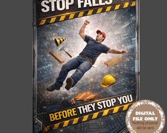 May include: A digital poster with a distressed metal frame features a construction worker falling. The words "STOP FALLS" and "BEFORE THEY STOP YOU" are in bold text. Safety equipment, including a hard hat and vest, are also shown.