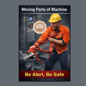 Może przedstawiać: Obraz robotnika w pomarańczowym uniformie i żółtym kasku, walczącego z maszyną. Wyświetlony jest tekst "Moving Parts of Machine" i "Be Alert, Be Safe". Wspomniany jest cyfrowy plik do wydruku.