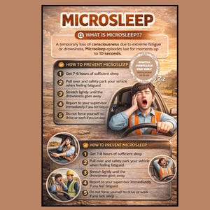 Peut inclure: Affiche éducative sur le microsommeil, montrant un conducteur bâillant dans une voiture. L'affiche donne des conseils pour prévenir le microsommeil, notamment dormir suffisamment et s'arrêter en cas de fatigue. Le texte indique "MICROSLEEP" et "HOW TO PREVENT MICROSLEEP".
