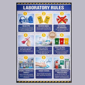May include: A poster titled "LABORATORY RULES" with blue and white text and illustrations. It outlines nine laboratory safety rules, including wearing PPE, reviewing MSDS, no eating or drinking, avoiding skin contact, cleaning up experiments, and knowing emergency procedures.