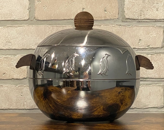 Vintage Penguin Ice Bucket With Bakelite Handles and Lid Ball. West