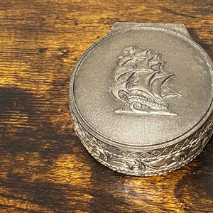 Vintage Jewelry Box, Hinged Container, Fabric-Lined Box, Sailboat