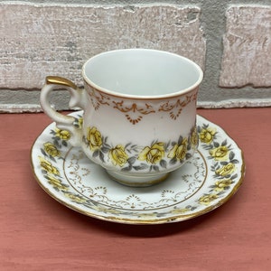 Vintage Tea Cup and Saucer Set, Petite Cup, Yellow Roses with Gold Trim
