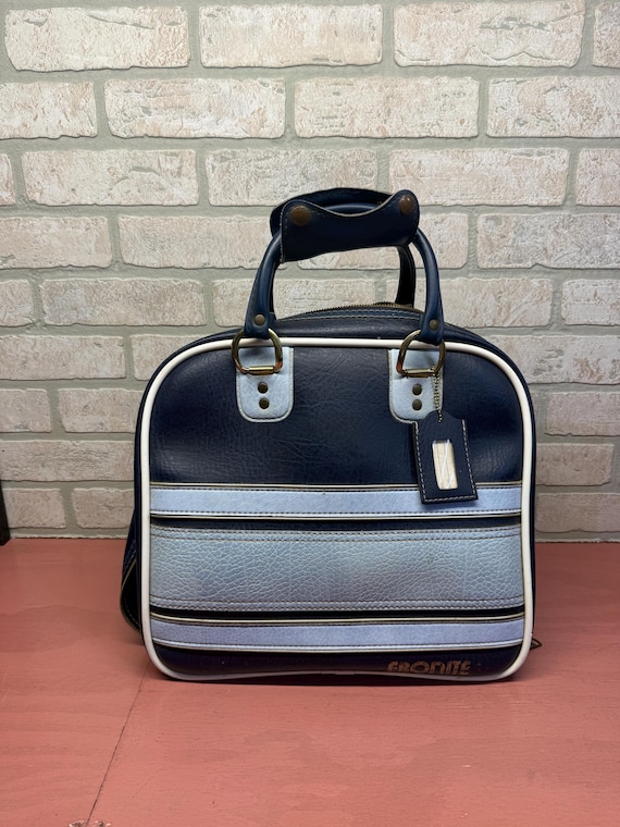 Vintage Light and Dark Blue Bowling Ball Bag, Bowling Shoes, Bowler, Vintage Bowling Gear