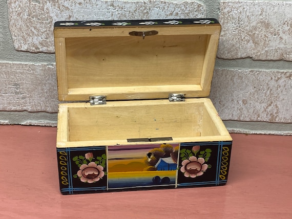 Vintage Wood Hinged Hand Painted Box, Jewelry Box… - image 2