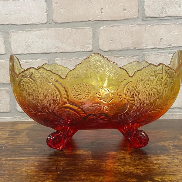 Vintage Yellow and Red, Orange Amberina Jeannette Lombardi Footed Bowl, Bowl, Footed Bowl, Carnival Glass, Ombre, Iridescent Glass