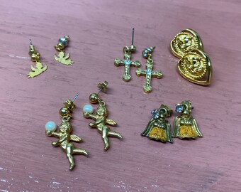Set of Vintage Earrings Set, Set of 5 Pairs of Earrings, Gold Angels Jewelry