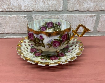 Vintage Tea Cup and Saucer Set, Lattice Tea Cup Saucer, Original Hand Painted, Napco China, IDD 181