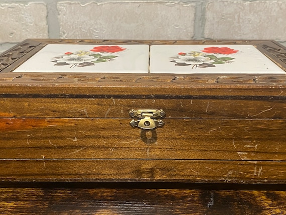 Vintage Wooden Red Rose Tiled Jewelry Box, Vintag… - image 2