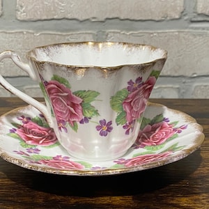 Vintage Rose Tea Cup and Saucer Set, Rose and Violets, Gladstone, Bone China, Made in England, ESTD Over 80 Years