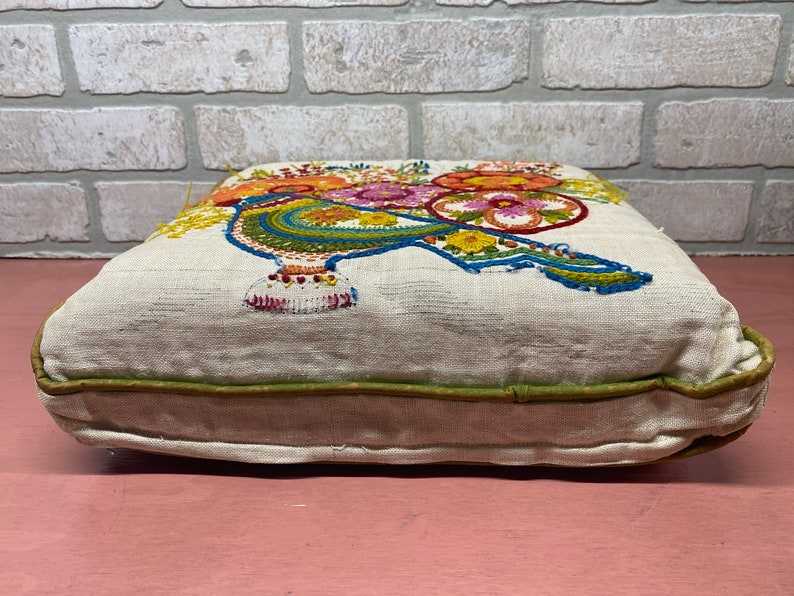 Vintage Embroidered Pillow, Colorful Embroidery, Bird and Flower Pillow