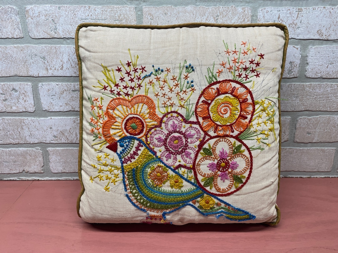Vintage Embroidered Pillow, Colorful Embroidery, Bird and Flower Pillow