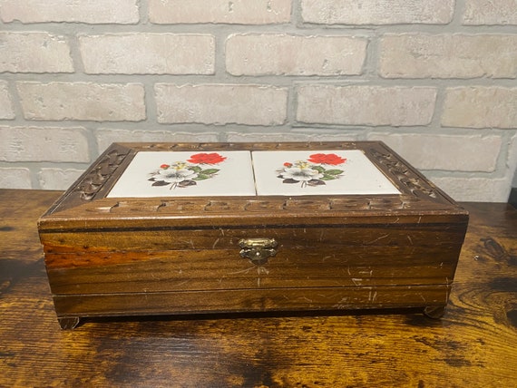 Vintage Wooden Red Rose Tiled Jewelry Box, Vintag… - image 1