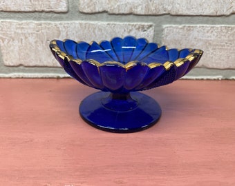 Vintage Blue Glass Pedestal Dish, Collectible Glass, Blue Glass, Gold Trimmed