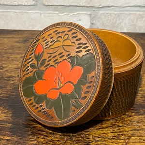 Wooden Carved Circular Container with Cover, Red Flower, Storage Container