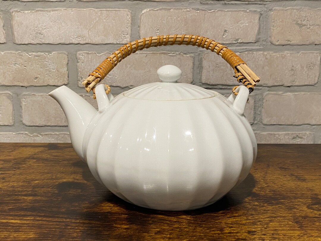 White Vintage Tea Pot, Straw Handle, Tea Pot, Vintage Tea, Tea Time Etsy