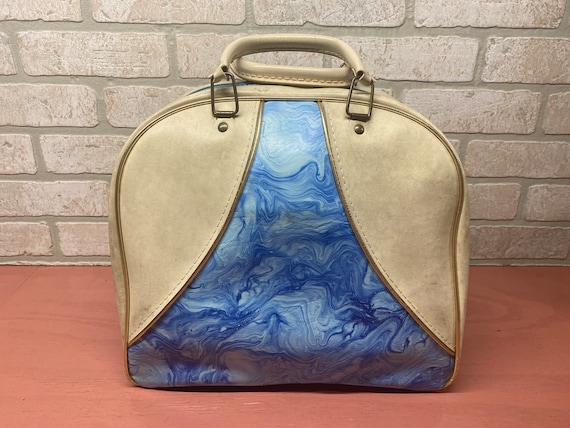 Vintage Cream and Baby Blue Bowling Ball Bag, Bow… - image 3