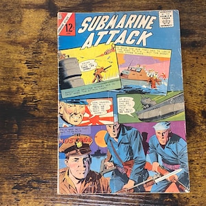 May include: A vintage comic book cover featuring a submarine attack. The cover is in color and features a submarine, soldiers, and the text "Submarine Attack".