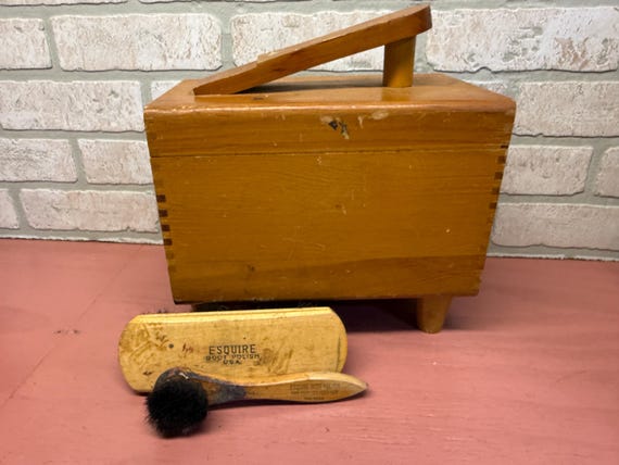 Vintage Wooden Esquire Shoe Shine Box, Includes Two Wood-Handled Brushes, Esquire Shoe Valet