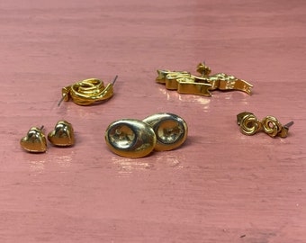 Set of 5 Pairs of Gold Earrings, Vintage Earring Lot, Post Earring Set