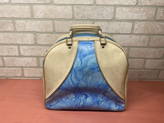 Vintage Cream and Baby Blue Bowling Ball Bag, Bow… - image 1