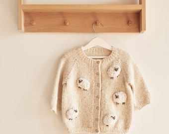 Hand Knitted Alpaca Cardigan with Lamb Embroidery and Elf Hat with Merino Lace for Girls 2-3 Years