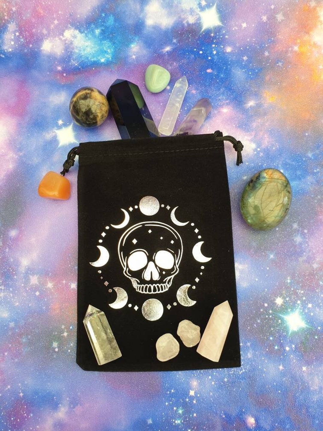 Black Velvet Skull Moon Phase Bag, Tarot Bag, Crystal Bag, Witch ...