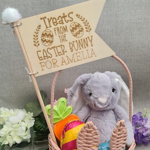 May include: A wicker basket with bunny ears, filled with Easter treats. A plush grey bunny sits in the basket. A wooden sign reads "Treats from the Easter Bunny for Amelia".
