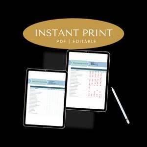 May include: Two digital tablets displaying a printable office cleaning checklist. The checklist includes tasks such as cleaning bathrooms, dusting, and vacuuming. The checklist is organized by day of the week. The tablets are on a black background.